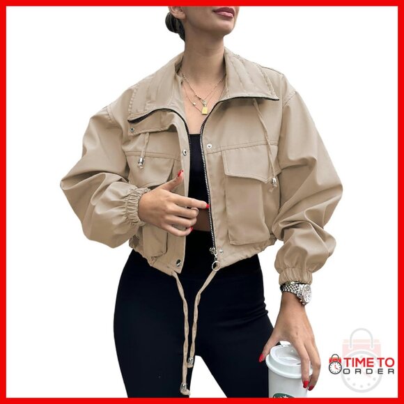 Lightweight Oversized Cropped Utility Jacket with Pockets Zip Up